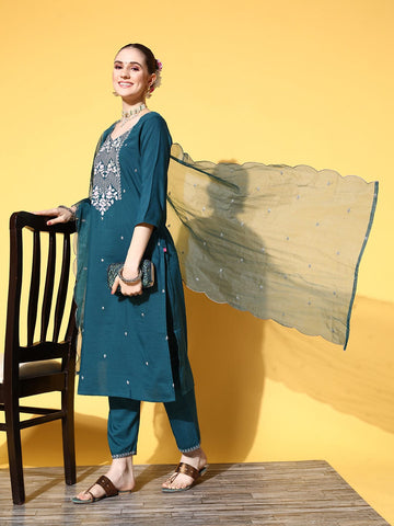 varanga women teal ethnic motifs embroidered sequinned kurta with trousers with dupatta